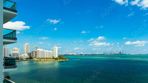Apartment balcony view of Biscayne Bay along Brickell Bay Drive in downtown Miami