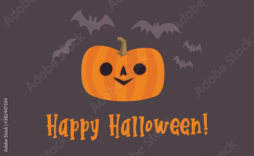 Happy Halloween design. Cute pumpkin with carved smile face, spooky season. Flying bats. Funny illustration. Trick or treat decoration.