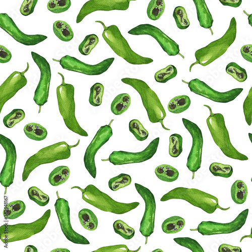 Seamless pattern with fresh green pepper on white background. Hand drawn watercolor illustration.