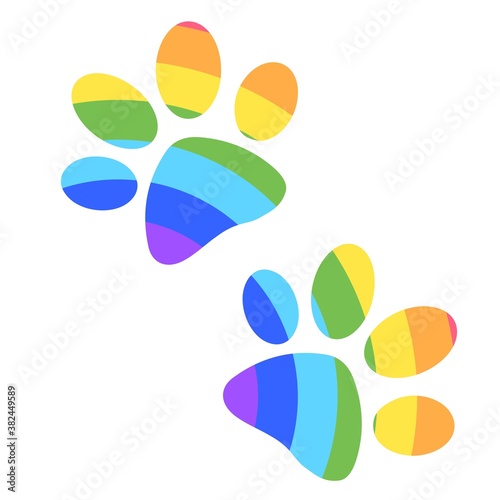 Print Hand-drawing silhouette background collection. Vector animal paw with rainbow decoration. Element for design.