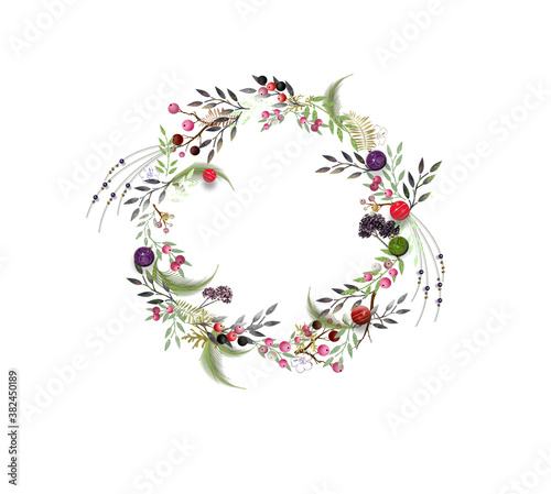 Floral Christmas wreath, frame. Template for invitations, greeting cards, wedding invitation, prints. Isolated on white background. 3D Illustration