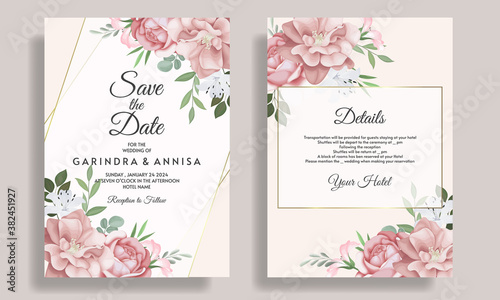  Elegant wedding invitation card template set with beautiful floral and leaves Premium Vector