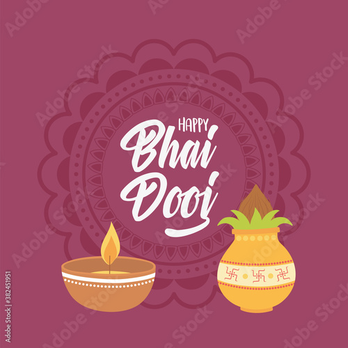 happy bhai dooj  lettering card light and food indian family celebration