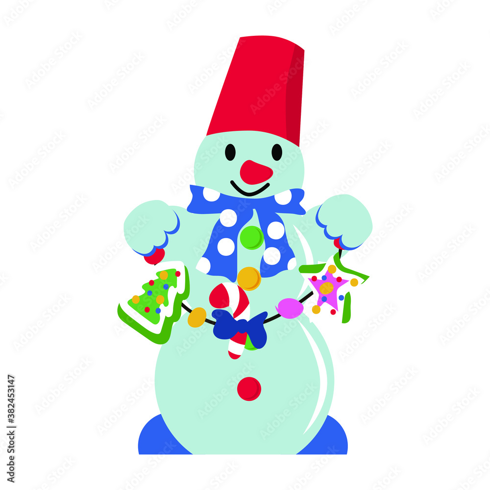 Vector drawing of a snowman with a bucket and a garland on a white isolated background in flat design. New Year mood. Print, decoration of cards, invitations Vector drawing of a snowman with a bucket and a garland on a white isolated background in flat design. New Year mood. Print, decoration of cards, invitations