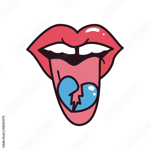 pop art female mouth with broken heart line and fill style icon vector design