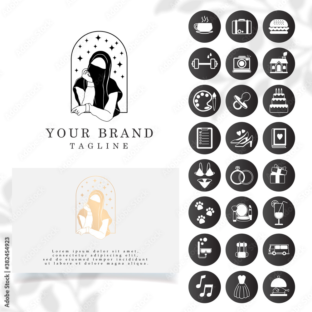elegant beautiful woman veil girl hijab logo editable template