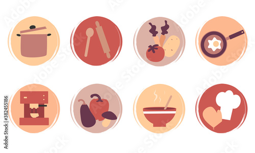 Vector set of flat logo design templates, icons and badges for social media highlight with cute kitchen elements