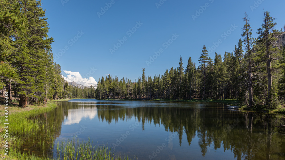 An alpine lake with reflections surrounded by pine trees and grass with mountains and clouds in the distance. An alpine lake with reflections surrounded by pine trees and grass with mountains and clouds in the distance.