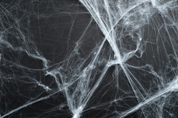 Creepy spider webs on black background. Happy halloween holiday concept.