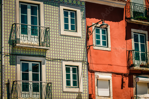 View of the facade of a building in the downtown of Lisbon in Portugal 