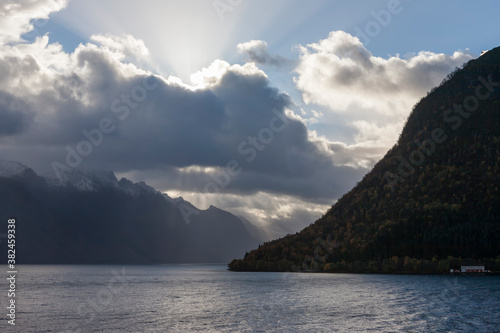 Dramatic skies at the entrance to Hjørundfjorden, Møre og Romsdal, Norway