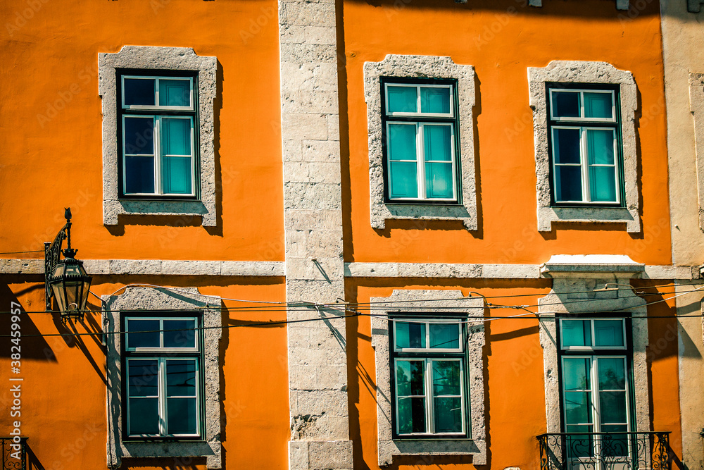 View of the facade of a building in the downtown of Lisbon in Portugal
