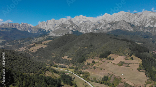 Aerial view of the Picos de Europa (Peaks of Europe) a mountain range part of the Cantabrian Mountains in northern Spain.