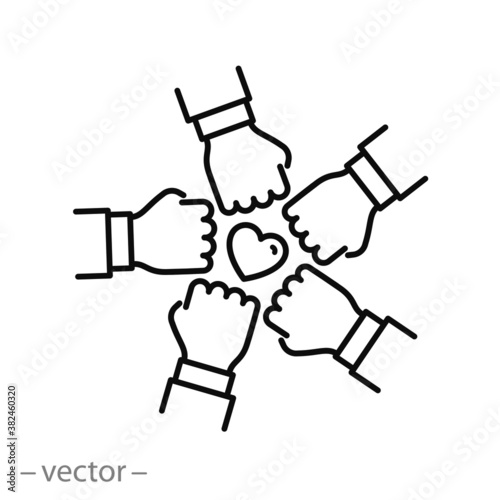 join the volunteer team icon, charity effort concept, together teamwork, leadership initiative in the employee community, thin line web symbol on white background - editable stroke vector illustration