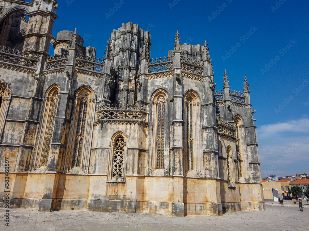 Batalha / Portugal - September 11, 2020: The massive, unfinished columns of the Capelas Imperfeitas ((Unfinished Chapel) of the Batalha Monastery. Portugal. UNESCO World Heritage Site.