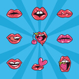 pop art female mouth line and fill style icon set vector design