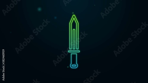 Glowing neon line Medieval sword icon isolated on black background. Medieval weapon. 4K Video motion graphic animation