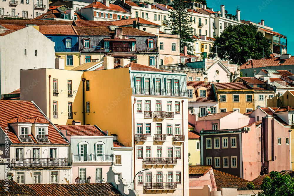 View of the facade of a building in the downtown of Lisbon in Portugal
