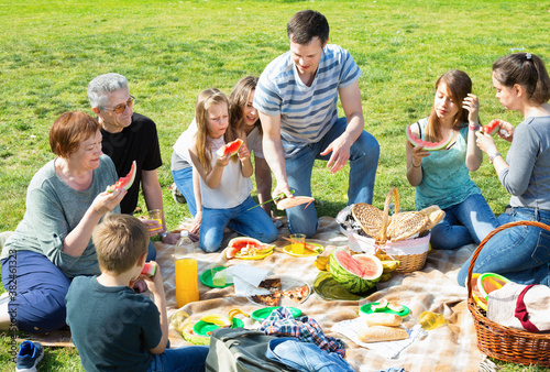 Glad cheerful smiling people of different ages sitting and talking on picnic