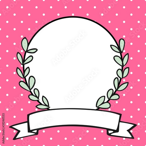 Laurel wreath decorative vector photo frame on polka dots pink background