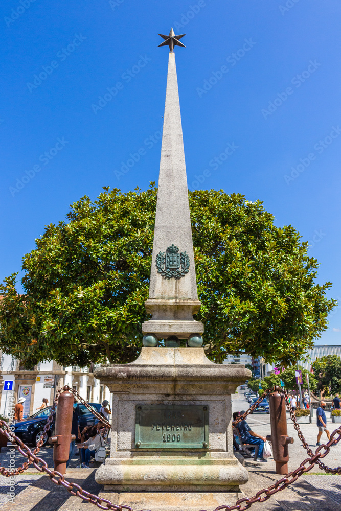 Vila Nova de Cerveira / Portugal - August 1, 2020: The Monument to the Heroes of the Peninsular War site in the middle of the Liberty Square. The “Memory” was built by popular subscription.