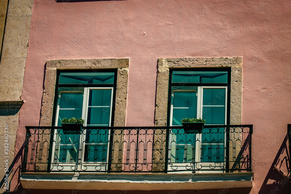 View of the facade of a building in the downtown of Lisbon in Portugal
