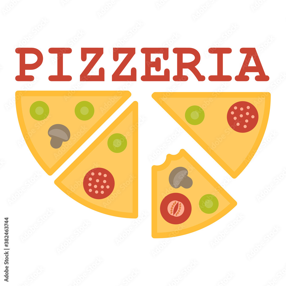 Pizzeria logo on a white background. Vector illustration. Logo for pizzeria, restaurant with pizza slices. Can be applied for label, sticker, poster, etc. Pizzeria logo on a white background. Vector illustration. Logo for pizzeria, restaurant with pizza slices. Can be applied for label, sticker, poster, etc.