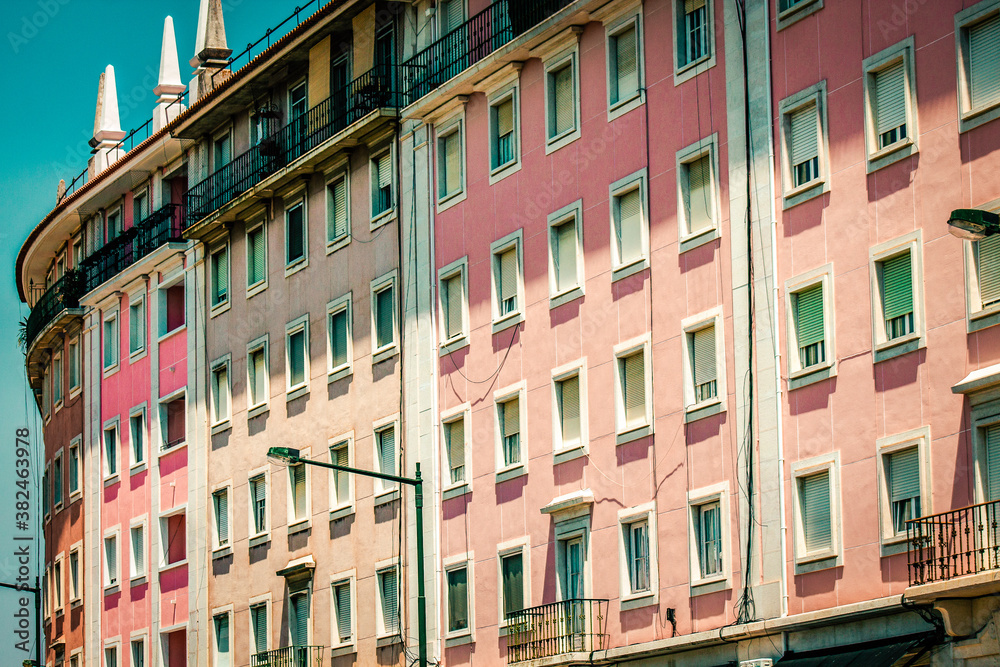 View of the facade of a building in the downtown of Lisbon in Portugal
