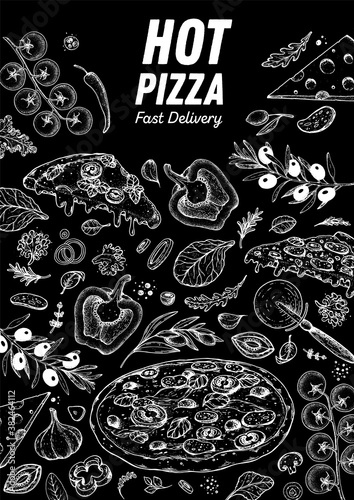 Italian pizza and ingredients. Italian food menu design template. Pizzeria menu design template. Vintage hand drawn sketch vector illustration. Engraved image.