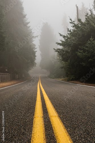 A paved road with yellow lines leads into a foggy forest