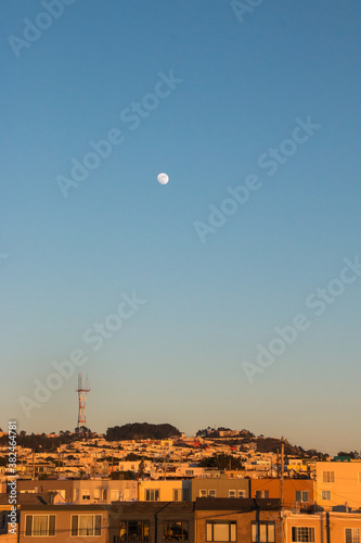 Photography The moon over the Sunset District in San Francisco, California