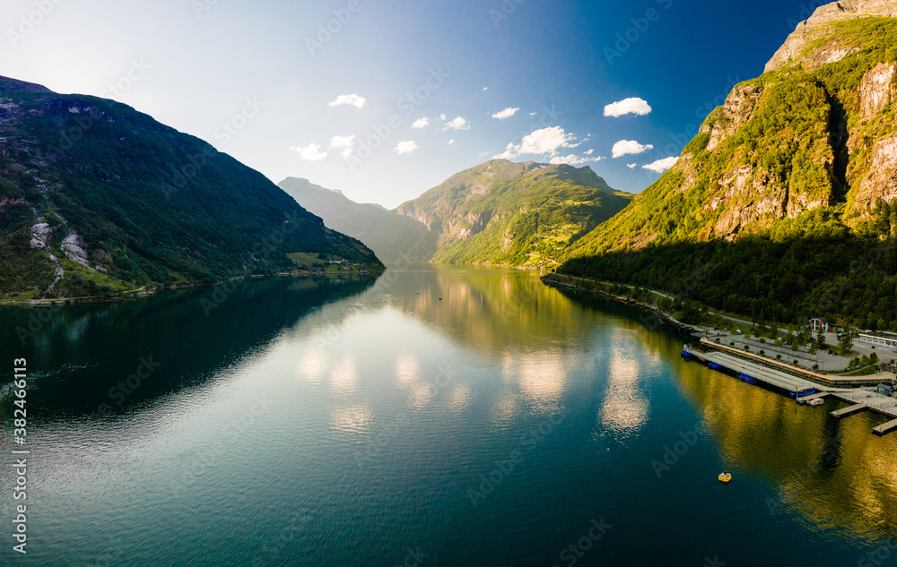 Panoramic and drone landscape of Geiranger fjords, Geirangerfjord, Norway