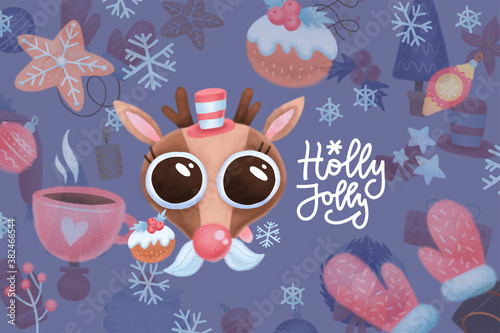 Holly Joly - funny lettering Happy New Year greeting card. Cute reindeer or deer with Christmas decorations. Raster hand drawn illustration for greeting cards, sticker, posters, invitation. photo