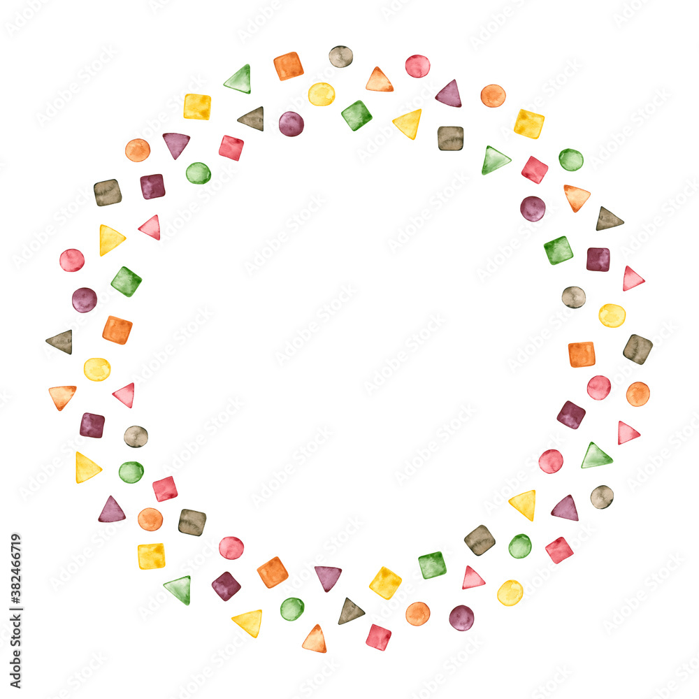 Watercolor round frame with geometric figures. Hand drawn illustration is isolated on white. Colorful wreath is perfect for school design, greeting card, interior poster, baby print Watercolor round frame with geometric figures. Hand drawn illustration is isolated on white. Colorful wreath is perfect for school design, greeting card, interior poster, baby print