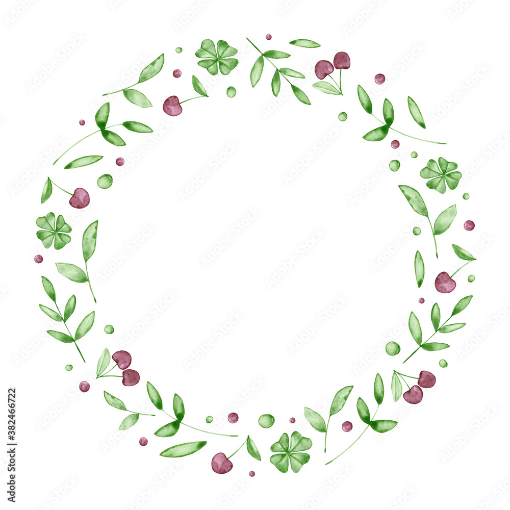 Watercolor round frame with cherry and green leaves. Hand drawn illustration is isolated on white. Floral wreath with berries is perfect for vintage design, greeting card, interior poster, baby print Watercolor round frame with cherry and green leaves. Hand drawn illustration is isolated on white. Floral wreath with berries is perfect for vintage design, greeting card, interior poster, baby print