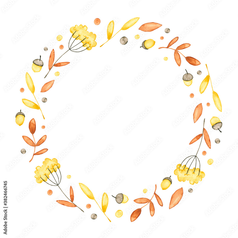 Watercolor round frame with autumn plants. Hand drawn illustration is isolated on white. Floral wreath with acorns is perfect for vintage design, greeting card, interior poster, baby print Watercolor round frame with autumn plants. Hand drawn illustration is isolated on white. Floral wreath with acorns is perfect for vintage design, greeting card, interior poster, baby print