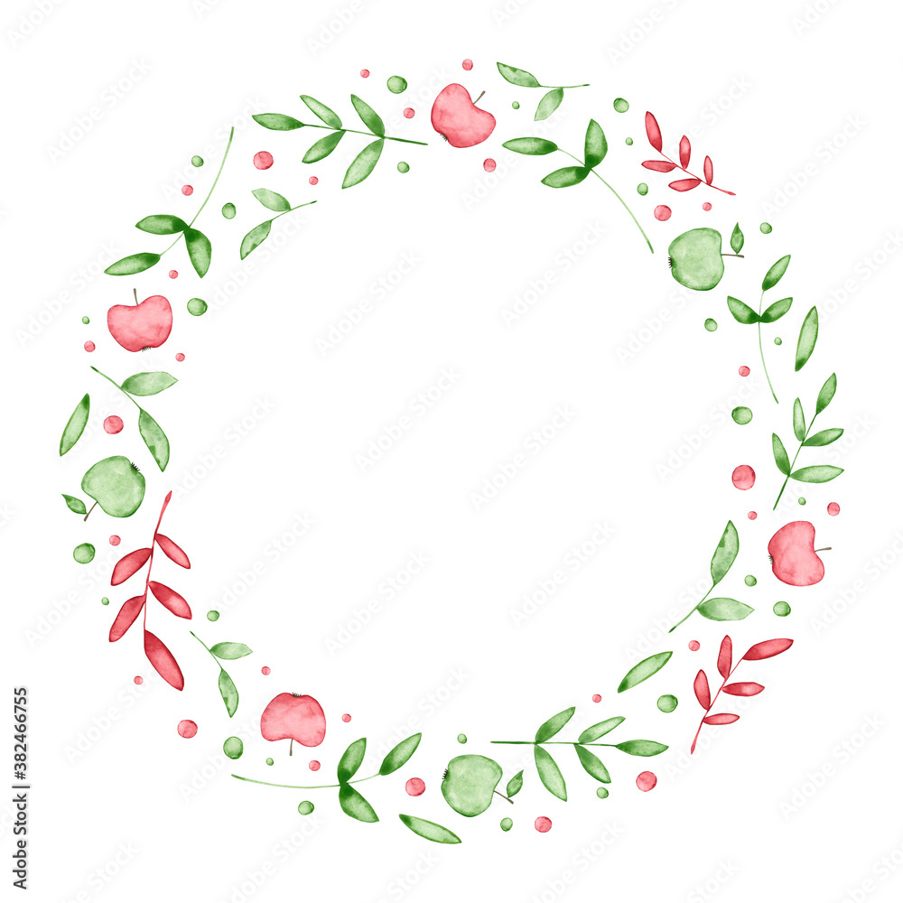 Watercolor round frame with apples and leaves. Hand drawn illustration is isolated on white. Floral wreath is perfect for vintage design, greeting card, interior poster, baby print