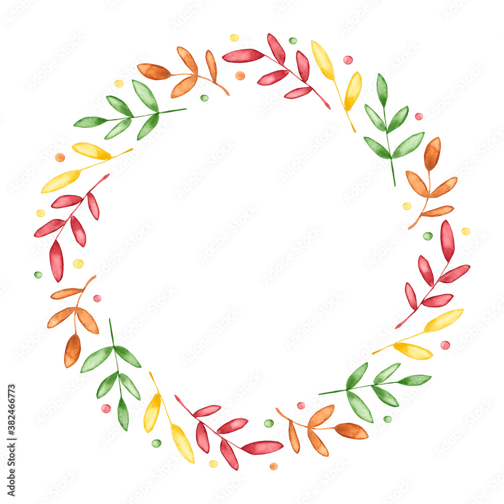 Watercolor round frame with autumn colorful leaves. Hand drawn illustration is isolated on white. Floral wreath with branches is perfect for vintage design, greeting card, interior poster, baby print
