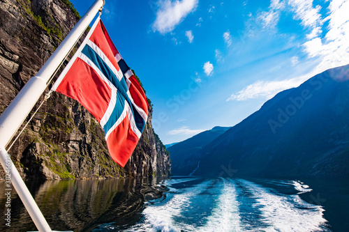 Panoramic and drone landscape of Geiranger fjords, Geirangerfjord, Norway