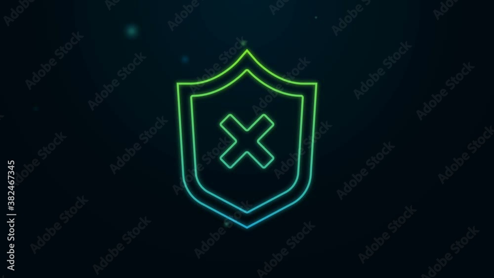 Glowing neon line Shield with cross mark icon isolated on black background. Shield and rejected. Notice of refusal. 4K Video motion graphic animation Glowing neon line Shield with cross mark icon isolated on black background. Shield and rejected. Notice of refusal. 4K Video motion graphic animation