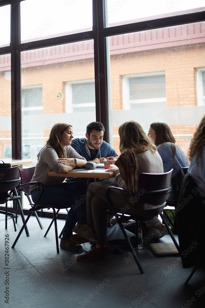 Teamwork with students at the university cafeteria Teamwork with students at the university cafeteria