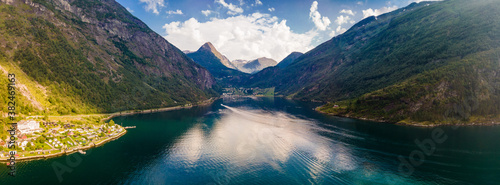 Panoramic and drone landscape of Geiranger fjords, Geirangerfjord, Norway photo