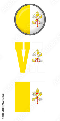 Vatican flag icons on a white background. Vector image: flag of the Vatican, the button and the abbreviation. You can use it to create a website, print brochures, booklets, flyers, and travel guides.