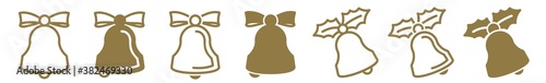 Christmas Bell Icon Gold | Bow Holly Bells Illustration | Jingle Symbol | Ribbon Handbell Logo | Xmas Sign | Isolated | Variations