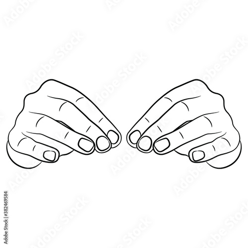 Front view of two human hands. Black and white linear silhouette. Cartoon style.