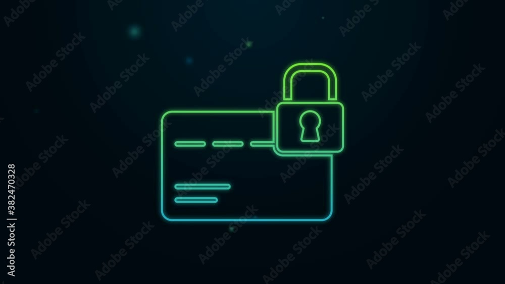 Glowing neon line Credit card with lock icon isolated on black background. Locked bank card. Security, safety, protection. Concept of a safe payment. 4K Video motion graphic animation Glowing neon line Credit card with lock icon isolated on black background. Locked bank card. Security, safety, protection. Concept of a safe payment. 4K Video motion graphic animation