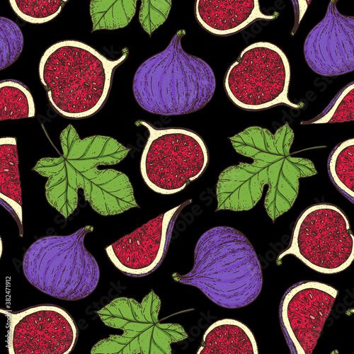 Seamless pattern with fig. Hand drawn pattern background. Colorful fig fruit illustration. Vector illustration.