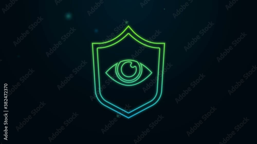 Glowing neon line Shield and eye icon isolated on black background. Security, safety, protection, privacy concept. 4K Video motion graphic animation