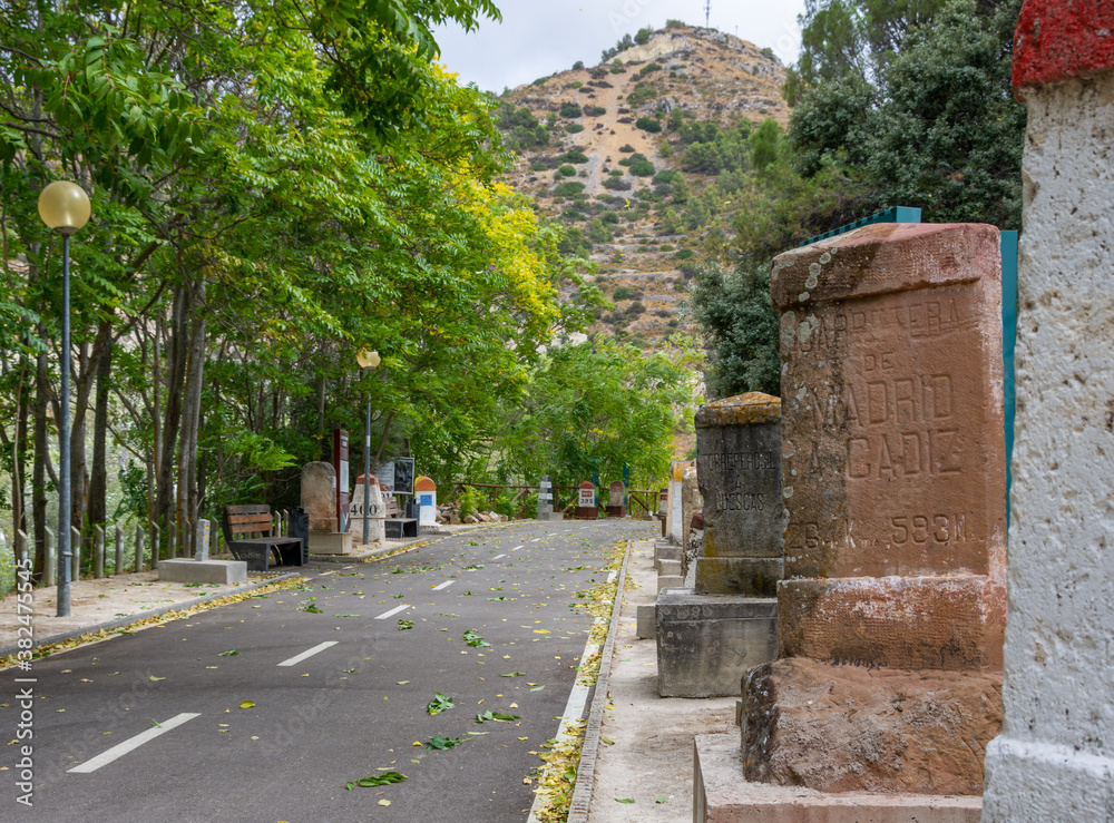 Old milestones exposed on the Bailen-Motril road (N-323) as it passes through La Cerradura de Pegalajar (Jaen-Spain)