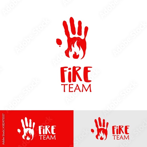 Fire team logo template. Hand with fire symbol.